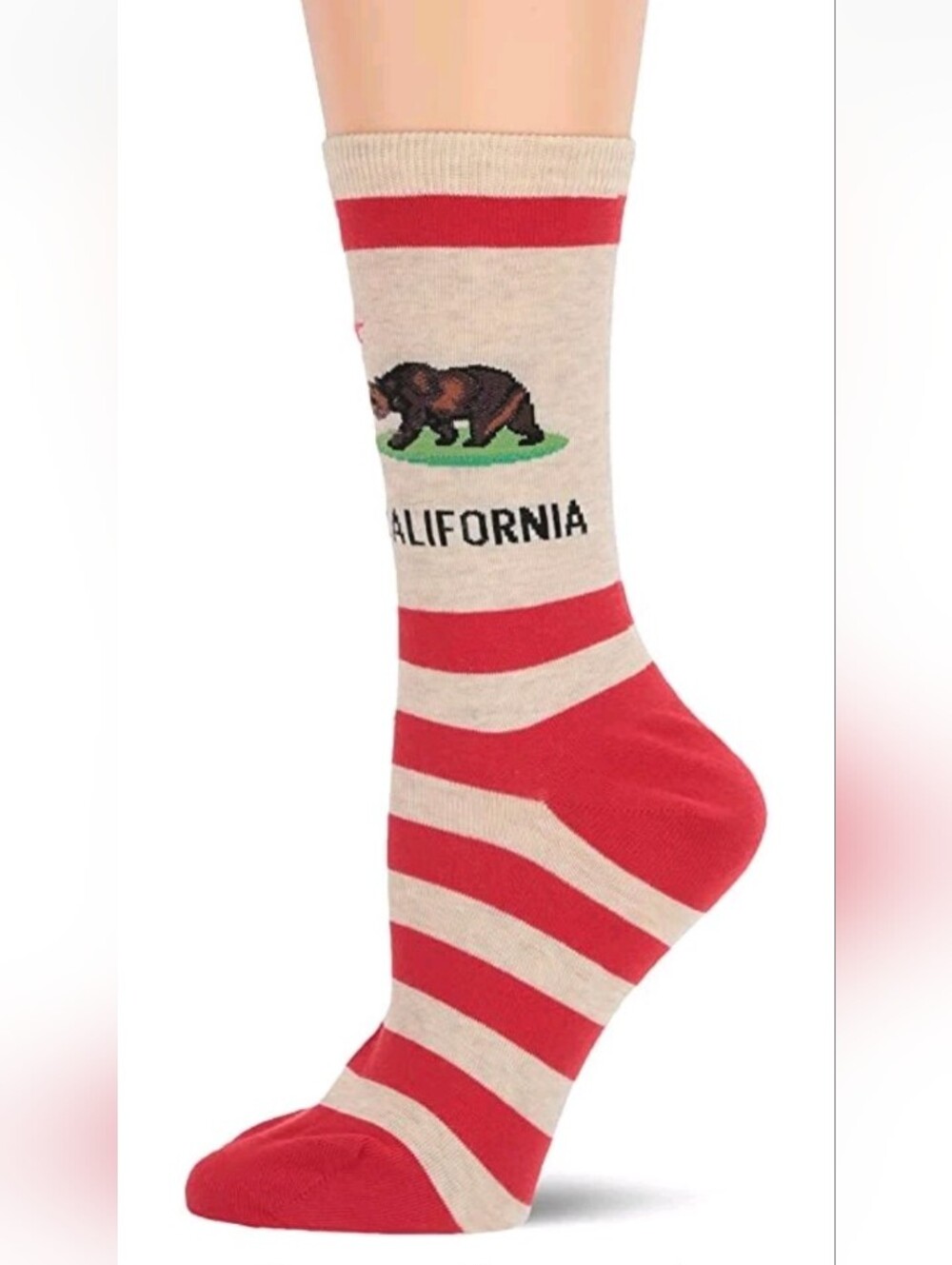 Hot Sox Women's California Crew Socks Natural Melange Red Striped Bear M